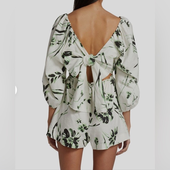 $365 Tanya Taylor Women's White Linen Floral Squared 3/4 Sleeve Romper Size L - Picture 1 of 5